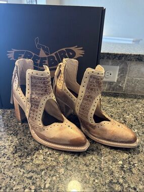 Freebird by Steven Two-Tone Tan Cutout Studded Heeled Booties